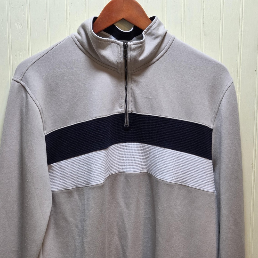 Magaschoni Sweatshirt Mens Medium Gray Stripe Quarter Zip Mock Neck Pullover Top
